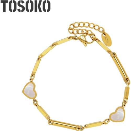 TOSOKO Stainless Steel Jewelry Wind Bamboo Shell Peach Heart Bracelet Natural Shell Handmade Bracelet BSE215