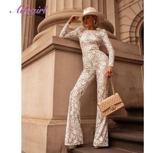 2020 Spring Sexy Lace Patchwork Hollow Out Night Club Jumpsuit Solid Full Sleeve Bandage Vintage Rompers Outfit One Piece Pants