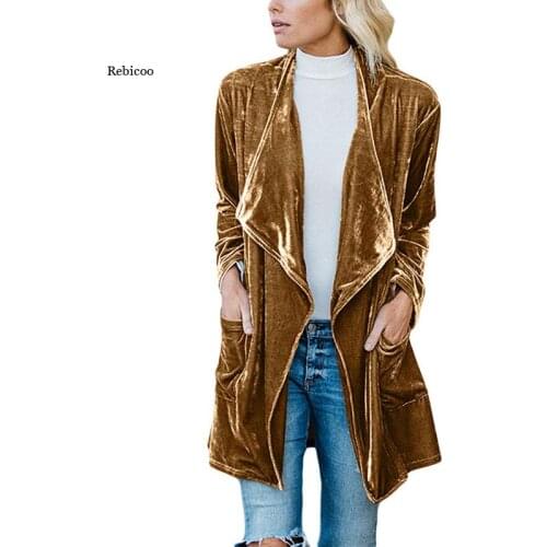 Womens New Autumn and Winter Cardigan Jacket Gold Velvet Mid-Length Windbreaker