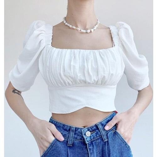 2021 Summer New Square Neck Puff Sleeve Shirt Womens European and American Fashion Short Pleated Short-sleeved Shirt Coigarsam