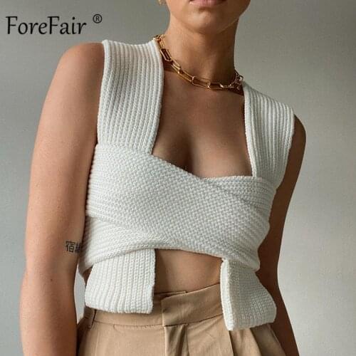 Forefair Crossover Knitted Women Cropped Top Bandage 2021 Fashion V Neck Sleeveless Club White Casual Sweater Top For Women
