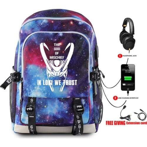 2021 3D LOKI USB Charge Backpack Women Student School Shoulder Bag Satchel Teenager Laptop Backpack Men Knapsack