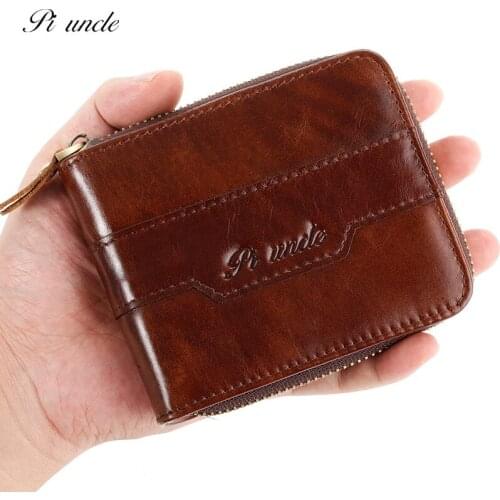 Mens Leather Wallet Small Wallet First Layer Cowhide Retro Zipper Coin Purse RFID Multi-card Slot Card Holder
