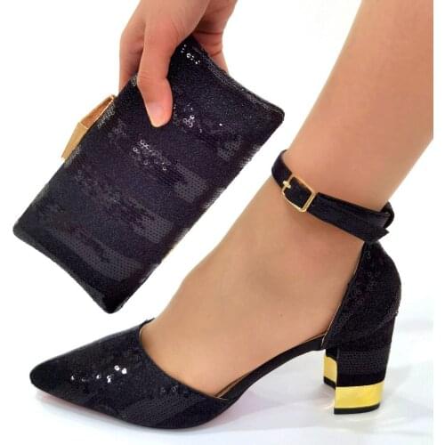 Doershow fashion Shoes and Bag Set African Sets black Color Italian Shoe Bag Set Decorated with Rhinestone High Quality !SOU1-1