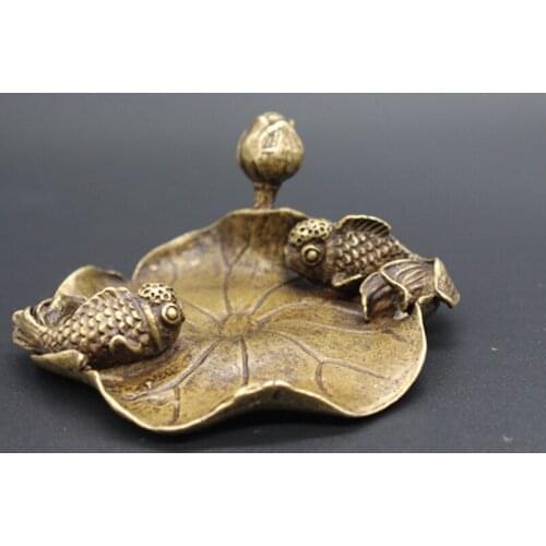 Exquisite Interesting Chinese Old-style Brass Double Fish and Lotus Auspicious Decoration Statue