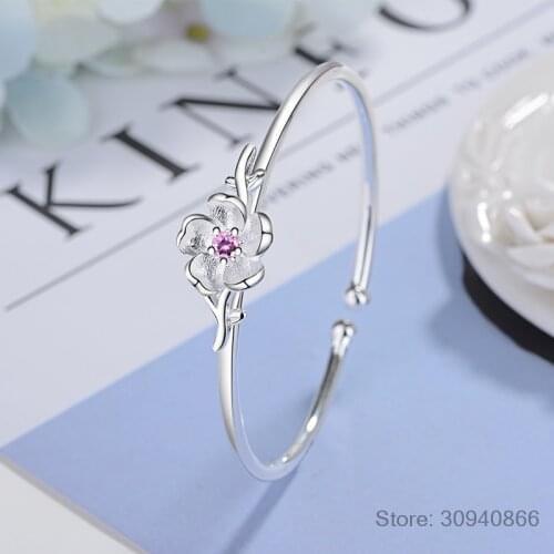 925 Sterling Silver Exquisite Cherry Blossoms Bangle Bracelet With Pink Purple Zircon For Women Party Jewelry S-B291