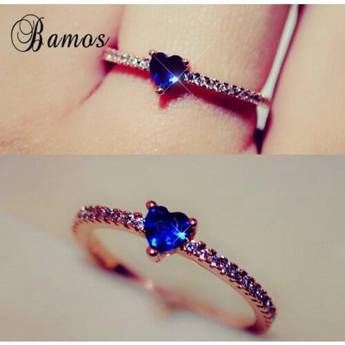 Bamos Elegant Heart Cubic Zirconia Promise Ring Exquisite Rose Gold Color Stackable Rings For Women Fashion Wedding Jewelry