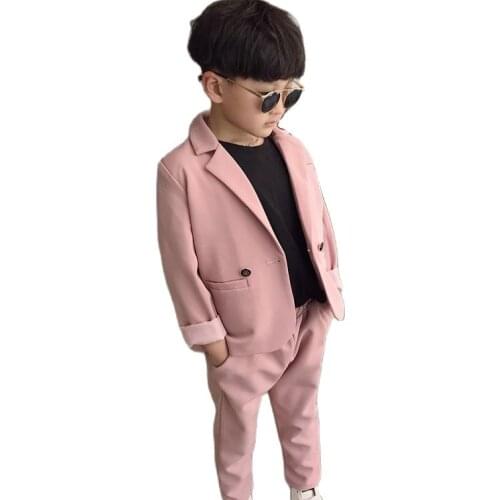 Boys Girls Black Pink Jacket+Pants 2Pcs Clothing Set Gentleman Kids Formal Wedding Suit Children Performance Graduation Dress