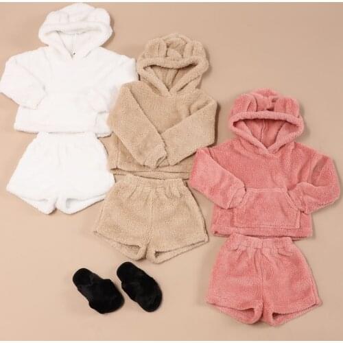 Wallarenear 0-4Years Toddler Baby Boy Girl 2Pcs Autumn Winter Clothing Set Long Sleeve Solid Hooded Top Shorts 3Colors