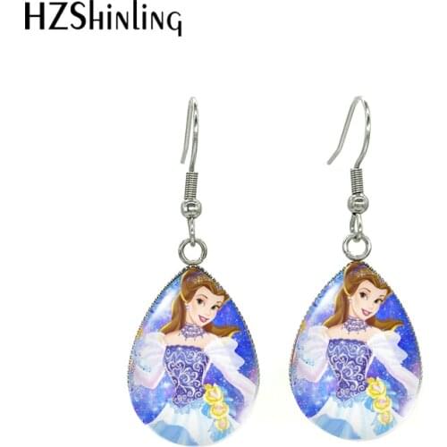 Beauty and the Beast Belle Princess Rose Pattern Water Drop Pattern Glass Cabochon Dangle Hook Earrings Jewelry
