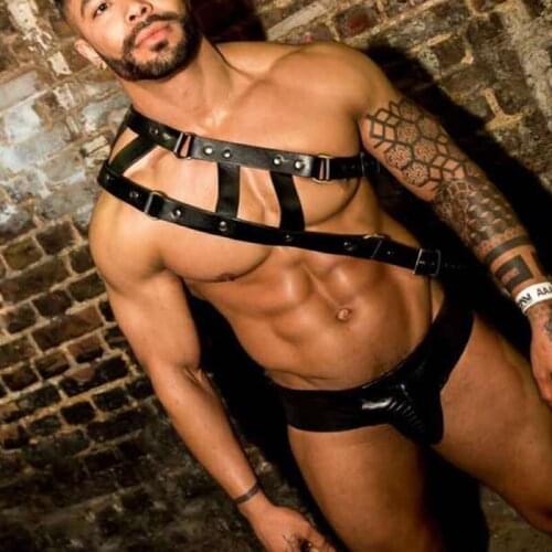 Nightclub Sexy Muscle Male Chest Leather Belt Gogo Costumes Catwalk Personality Strap Black Leather Strap Bar DJ Show Wear B1142