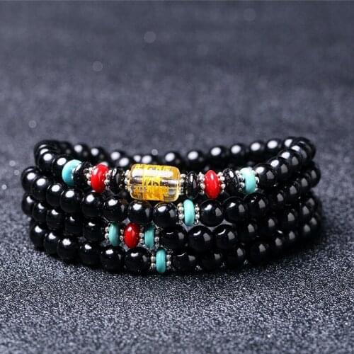 Clearance Natural Black Onyx 108 Beads Bracelet Elastic Femme Buddhism Yoga Scripture Chakra Pulseras Hombre Prayer Jewellery