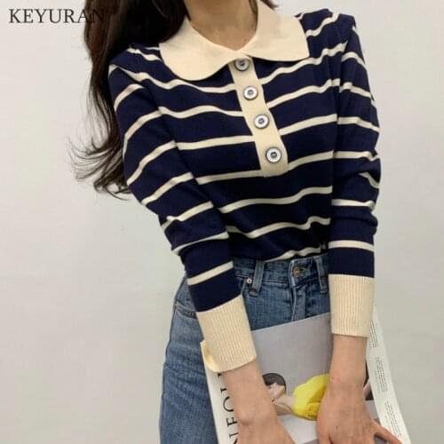 Autumn Women Knitted Sweater Pollover Striped Color-blocked Turn Down Collar Buttons Long Sleeve Knitwear Tops Korean Style 2021