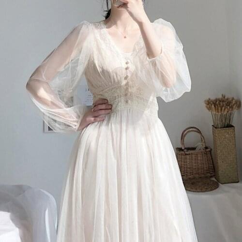 Dress Women 2021summer Plus Size Dresses Elegant A-Line Vestidos Solid Puff Sleeve Empire V-Neck Ladies Lace Dress Mesh