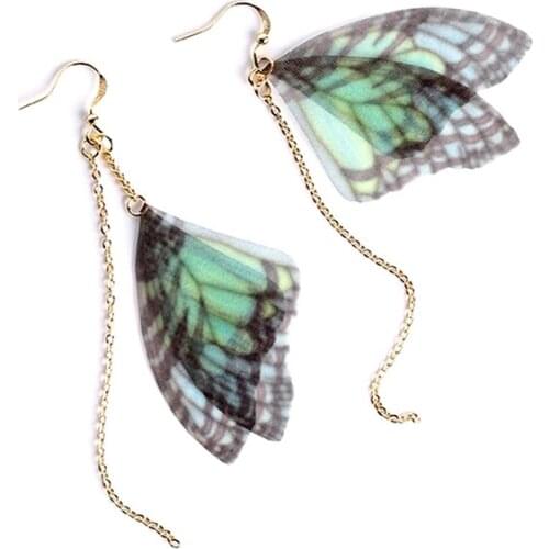Retro Literary Temperament Hand Earrings Ear Clip Earrings Green Chiffon Butterfly Wings Asymmetric Earrings