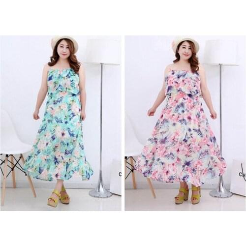 New summer fashion high quality large size coconut tree printing ruffles chiffon dress length sling Beach dress