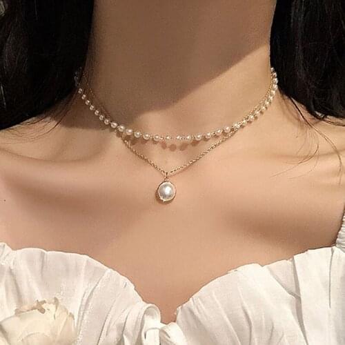 Fairy Korean Style Imitation Pearl Pendant Choker Necklace for Women Double Layer Geometric Clavicle Necklace Jewelry YN1534