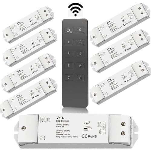 LED Strip Dimmer 12V 24V 15A PWM Wireless RF Switch ON OFF with 2.4G 8 Zones Dim Remote for 5050 3528 Single Color LED String
