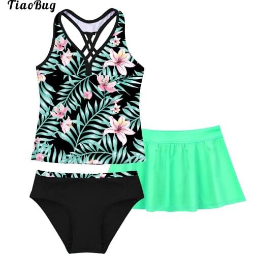 TiaoBug 3Pcs Kid Girl Swimsuit V Neck Sleeveless Spaghetti Straps CrissCross At Rear Top With Briefs And Skirt Set Beach Bikini