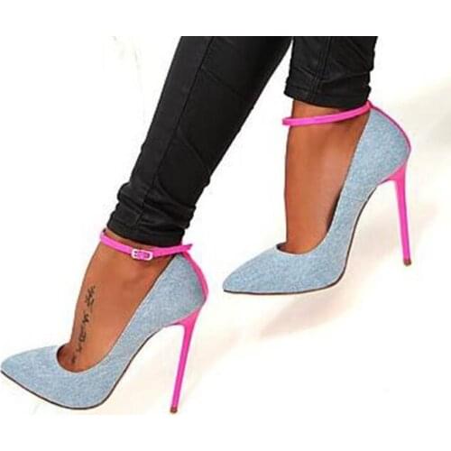 Denim Blue High Heel Shoes Sexy Pointed toe Ankle Strap Woman Pumps 2018 Newest Pink Stiletto Heel Dress Shoes