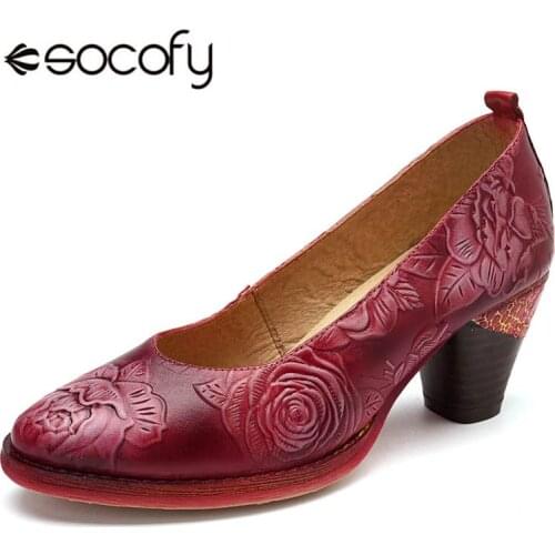 Socofy Vintage Flower Embossed Pumps Women Red Genuine Leather Shoes Woman Block High Heel Pumps Women Retro Ladies Shoes New