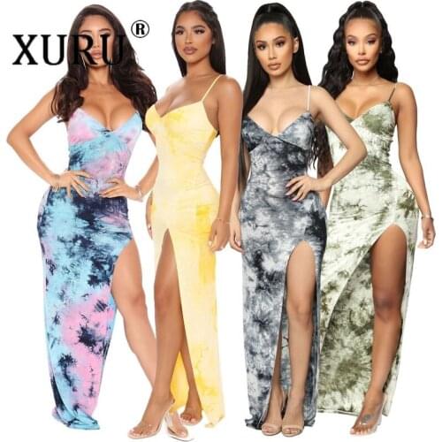 XURU European and American Sexy Summer Dress Casual Sling V-neck Dress Split Print Dress