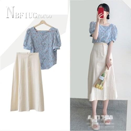 2020 New Casual Preppy Style Women Sets Floral Blouse And Solid Color Skirt Female Sets