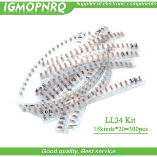 300pcs=15valuesX20pcs ZMM5V1 3V 3V3 3V9 4V7 5V1 7V5 8V2 10V 12V 15V 16V 18V 20V 24V LL34 3.3V 3V3 1/2W Zener SMD diode LL34 KIT