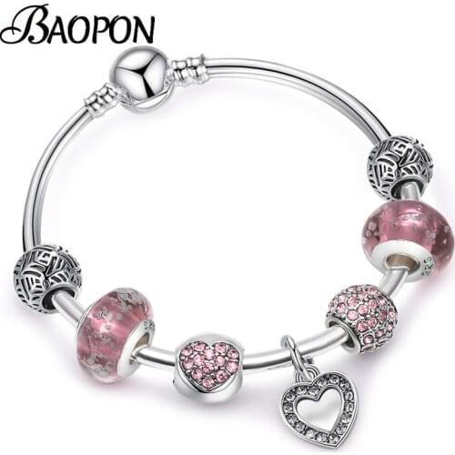 BAOPON Silver Plated Love Heart Charm Bracelets For Women Men With Glass Luminous Beads Brand Bracelet & Bangle DIY Jewelry Gift