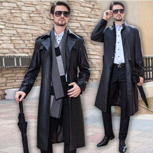 Stand collar black mens leather coat slim motorcycle jackets men autumn winter fashion middle length clothes jaqueta de couro
