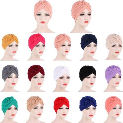 Women Indian Hat Beads Beanies Skullies Muslim Bonnet Arab Turban Pleated Ruffle Arab Jilbab Headscarf Chemo Cancer Hat Fashion
