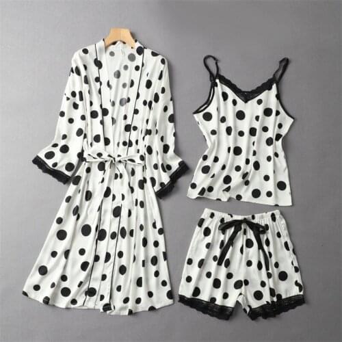 Polka Dot Strap Top Nightgown Women Pajamas Sets 3PCS Rayon Bathrobe Kimono Shorts Sleepwear Nightwear Summer M-XL Home Clothes