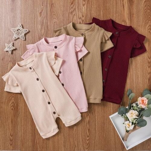 Baby Toddler Summer Rompers Solid Color Ribbed O-Neck Ruffle Short Sleeves Button-Open Jumpsuits for Baby Girls 0-18 Months