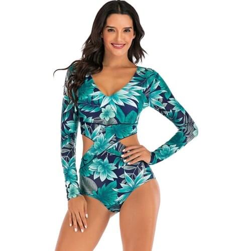 Long Sleeves Monokini Leaves Print One Piece Swimsuit Women High Neck Swimwear Female Sports Bathing Suit Bodysuit 2020 Beach