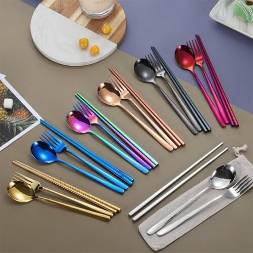 Stainless Steel Cutlery Set Spoon Fork Chopsticks Dinnerware Set With Pouch For Restaurant Hotel Family Travel
