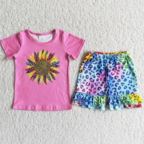 New Fashion Baby Girls Designer Clothes Boutique Summer Kids Clothing Sunflower Leopard Toddler Girls Clothes Sets Wholesale RTS