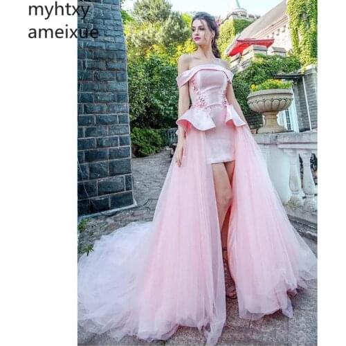 2021 New Sexy Light Pink Plus Size Evening Dresses Robe Off Shoulder Short Sleeves Carpet Gowns Back Lace-up Custom Made Formal