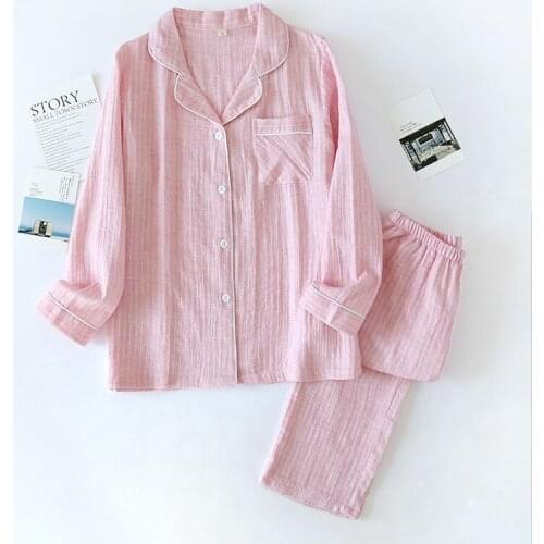 New Crepe Vertical Stripe Pajamas Long Sleeve Cotton Sleepwear Double Layer Pijamas 2 Piece Women Leisure Simple Home Clothes