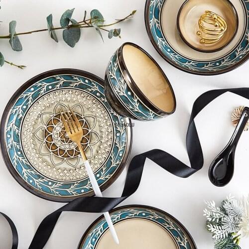New Creative Light Luxury European Embossed Bowls and Plates Ceramic Tableware American Dishes and Dishes Tableware Household