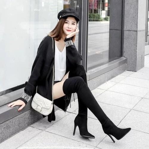 Off-Bound Women Pointed High Heel Over the Knee Boots Winter Slip on Stretch Fabrics Long Boots Suede Leather Sexy Party Boots