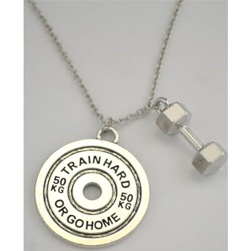 Wholesale Sporty Necklace Unisex Barbell And Dumbbell Pendant TRAIN HARD OR GO HOME Cool Word Written Zinc Alloy Dropshipping