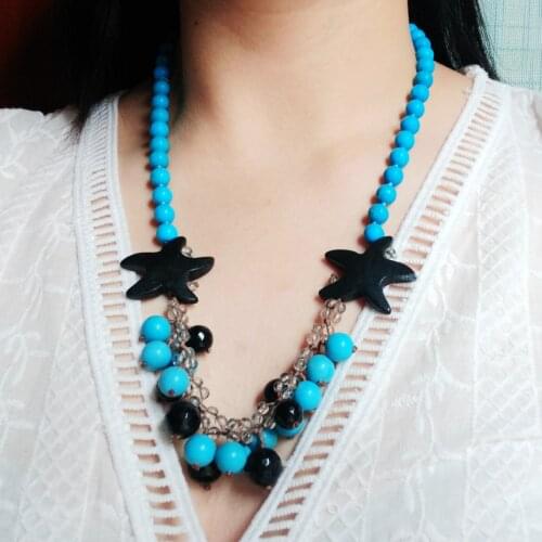 Lii Ji Real Stone Blue Necklace Turquoises Black jades Star Smoky Quartzs Necklace 60cm Women Jewelry Gift Stock Sale
