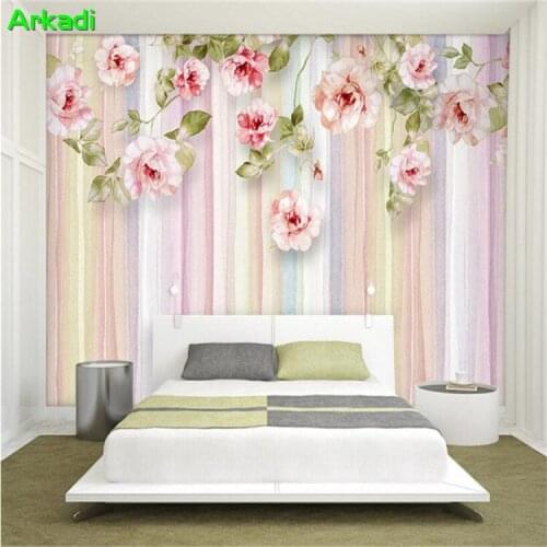 Custom 3D photo hand-painted living room wallpaper simple European vertical bar floral TV background mural fresh bedroom wall