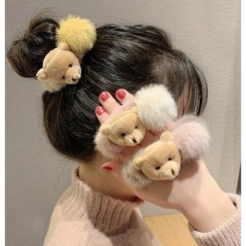 Cute Plush Bear Hair Rope Soft Elastic Hair Scrunchies for Women Girl Fashion Ponytail Holder Hair Circle Rubber Bands Headdress