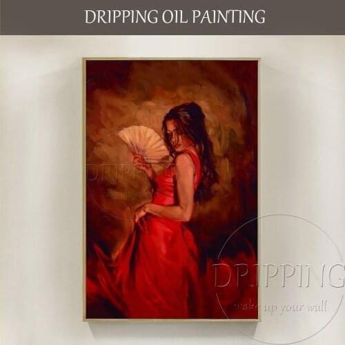 Hand-painted High Quality Impressionist Sexy Lady with Fan Oil Painting on Canvas Beautiful Sexy Lady Dancer Figure Oil Painting