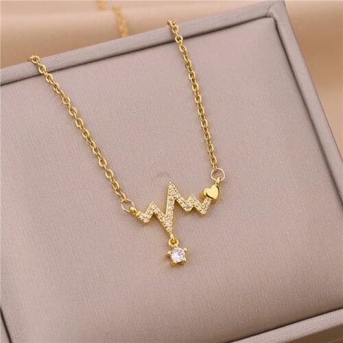Korean Style ECG Of Love Pendant Crystal Necklace For Women 2021 Trendy Stainless Steel Clavicle Chain Female Wedding Jewelry