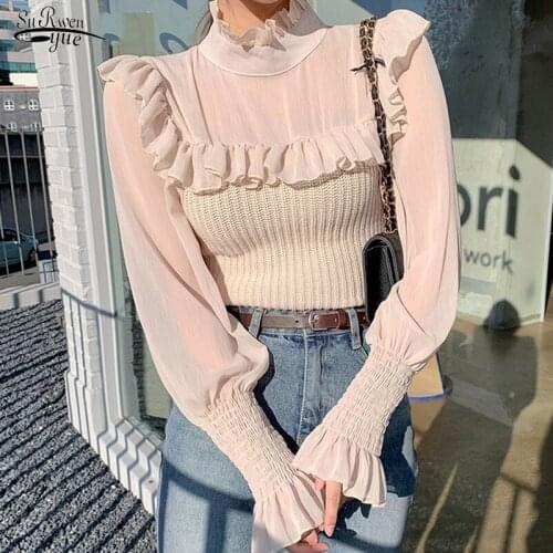 2021 Autumn New Mesh Blouse for Women Elegant Ruffle Stand Collar Stitching Knitted Sweater French Long Sleeve Shirt Blusa 16721