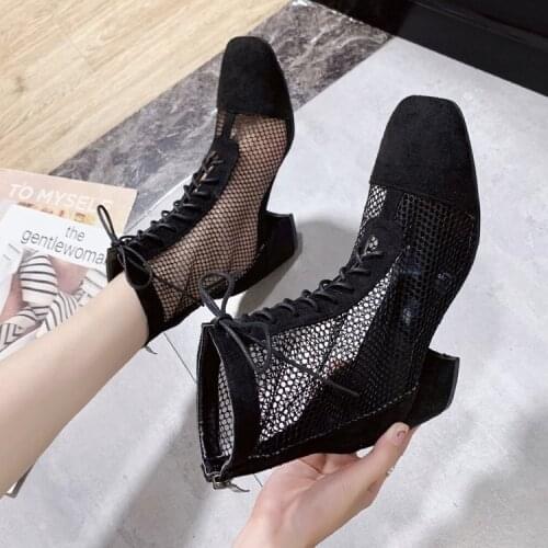 Women Lace Up Mesh Shoes Ankle Booties Summer Boots Back Zipper Mesh Botas Mujer Brand Design Botines Female Size 41 42 43