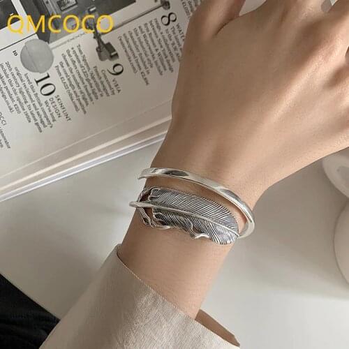 QMCOCO 925 Silver Bracelet For Women Man New Trendy Elegant Creative Vintage Feather Open Adjustable Jewelry Party Gifts