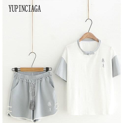 Womens Two Piece Sets Patchwork T Shirt And Pants Korean Style Short Sleeve O-Neck T Shirts Student fashion set YUPINCIAGA